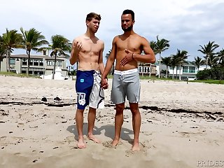Tanned Latino teen detached dude sprayed with cum after a day on the beach